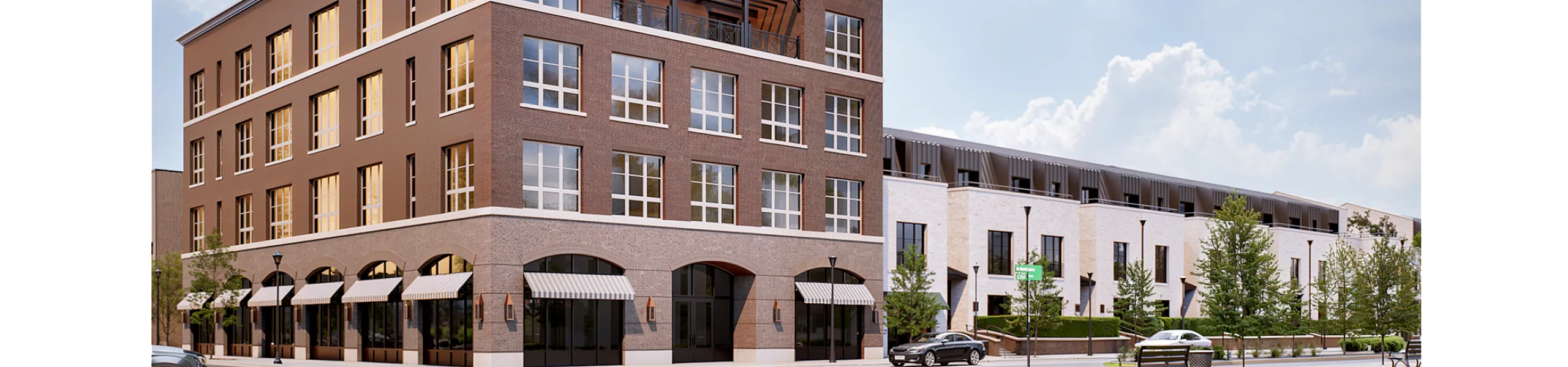 Charming urban apartment building with modern architecture and large windows, ideally situated on a sunny corner street with surrounding greenery.