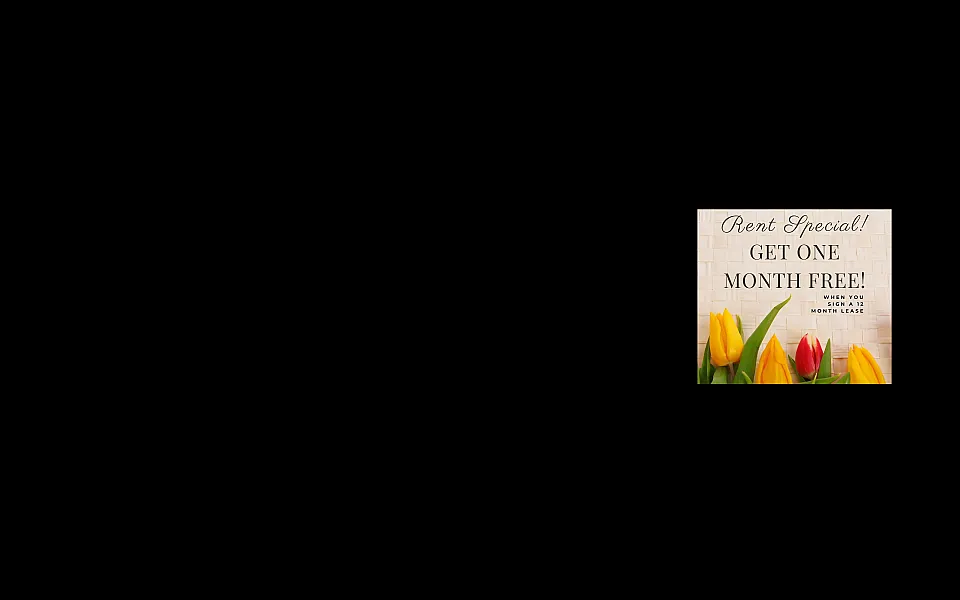 Rent special offer with vibrant tulips on woven background, promoting one month free with 12-month lease.