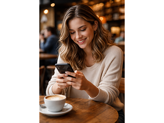 Cozy cafe ambiance with a smiling person enjoying a warm coffee and browsing on a smartphone.