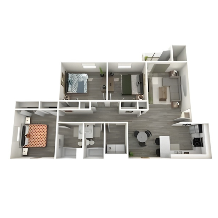 Modern 3D floor plan showcasing three bedrooms, open living area, stylish kitchen, and two bathrooms in a spacious layout.