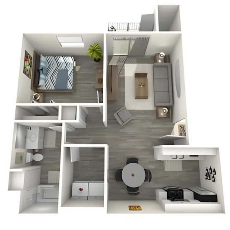 Modern 3D floor plan showcasing a spacious one-bedroom apartment with an open-concept living and dining area, stylish kitchen, and cozy balcony.