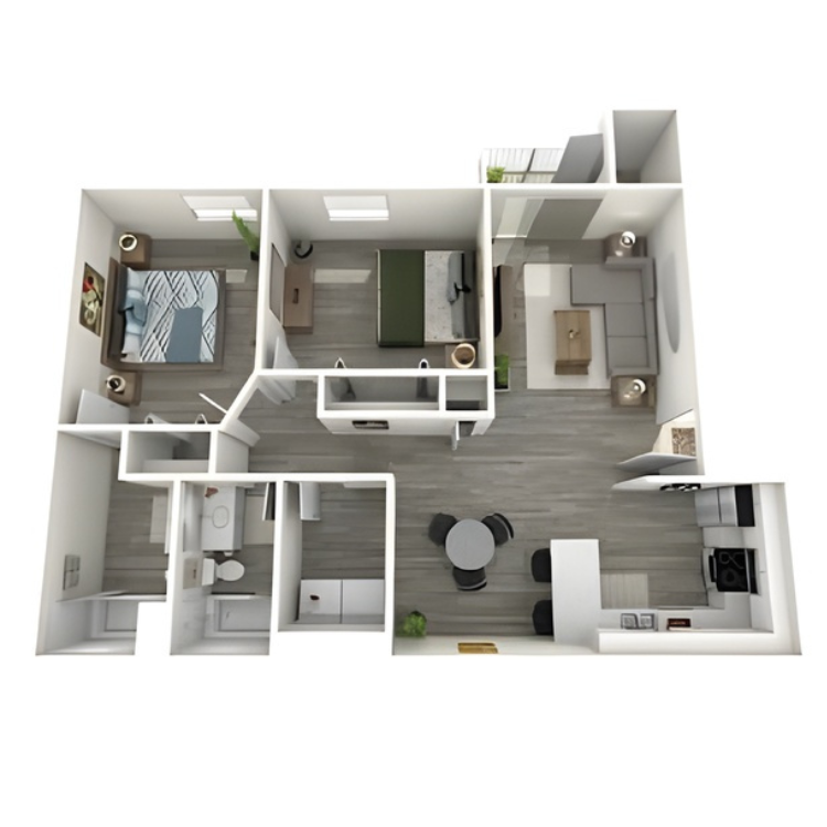 Modern 3D apartment floor plan with two bedrooms, spacious living room, and sleek kitchen design.