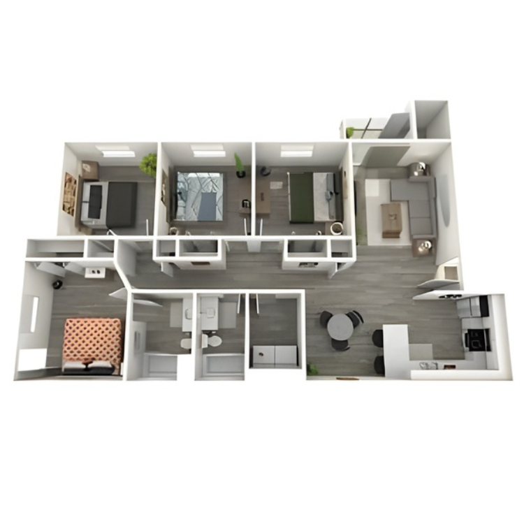 Contemporary 3D floor plan showcasing a spacious 3-bedroom layout with an elegant open-concept living and dining area, modern kitchen, and cozy bedrooms. Ideal for stylish urban living.