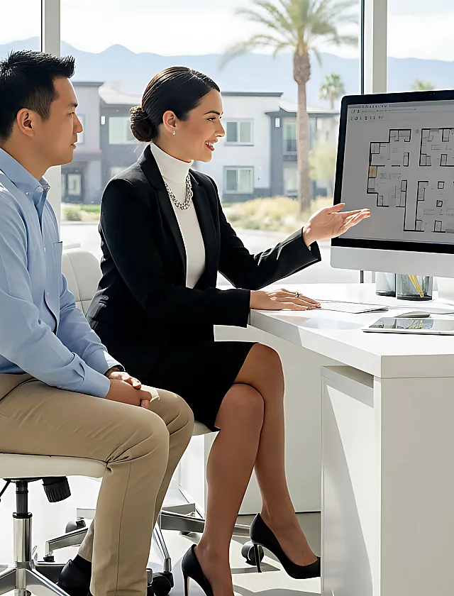 Professional real estate agent presenting a modern apartment floor plan to an interested client in a well-lit office with lush greenery visible outside.