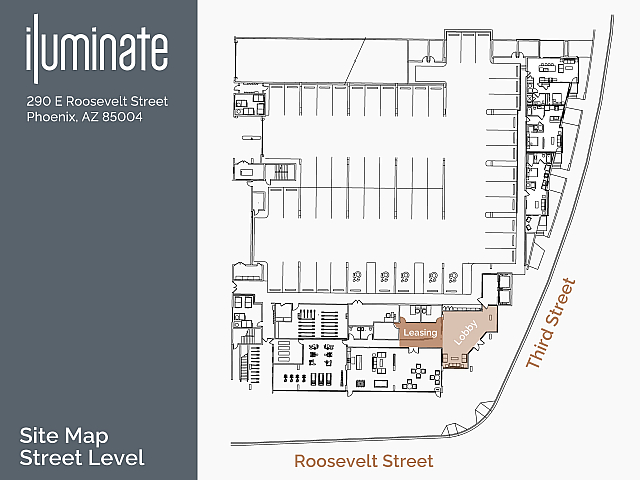 iLuminate site map at 290 E Roosevelt Street, Phoenix, showing detailed street-level layout with leasing office and lobby highlighted
