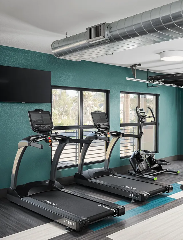 Modern fitness center with state-of-the-art gym equipment, vibrant teal walls, and an inviting outdoor seating area featuring unique egg chairs.