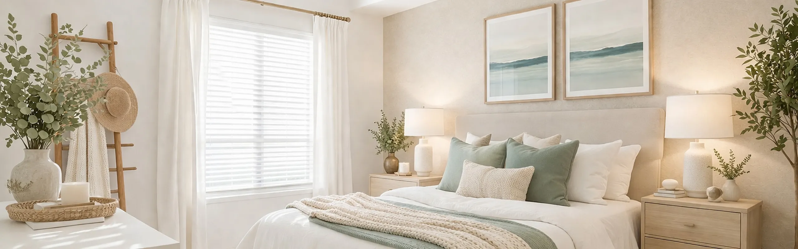 Serene bedroom with soft natural light, featuring elegant decor, plush bedding, and stylish artwork for a cozy, inviting ambiance.