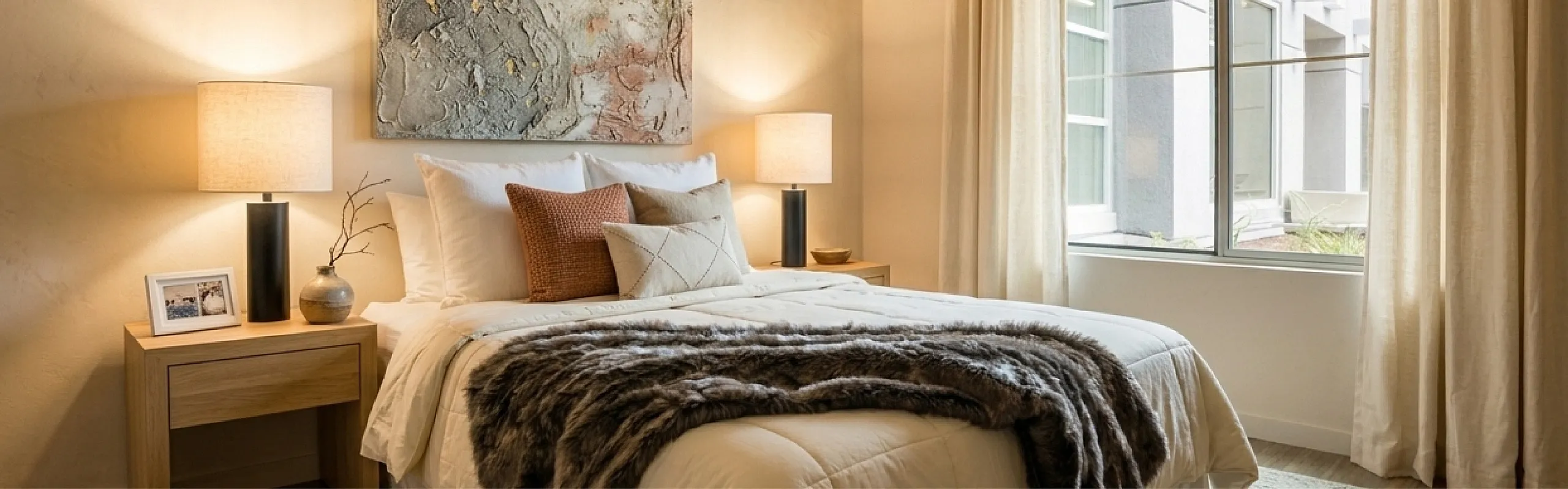 Elegant bedroom with cozy bed, artistic wall decor, warm lighting, and large window view.