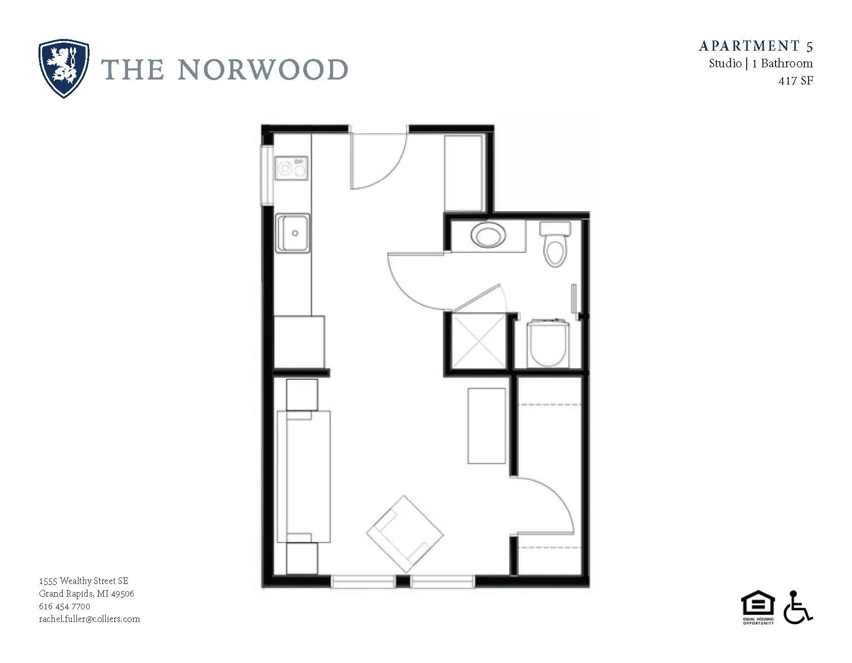 Efficient 417 sq ft studio floor plan at The Norwood, featuring a smart layout with combined living and sleeping area, modern kitchenette, and a full bathroom.