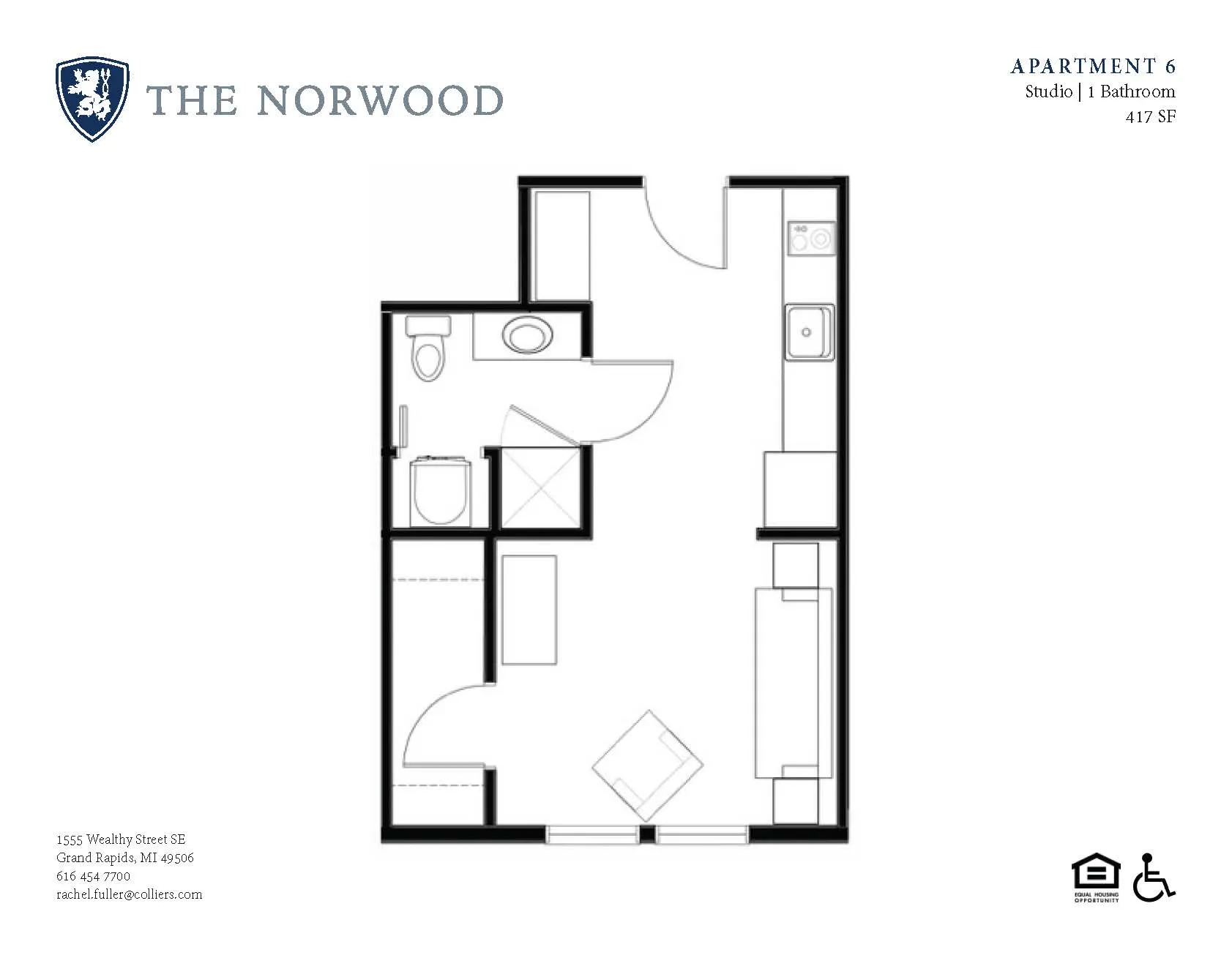 The Norwood Apartment 6 floor plan showcasing a modern studio with , efficient layout at 417 square feet.