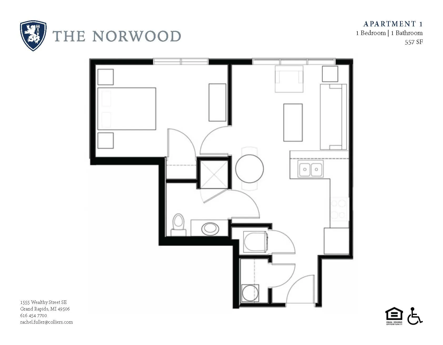 Modern 1-bedroom apartment floor plan at The Norwood, featuring an efficient layout with spacious living area and well-equipped kitchen, covering 557 square feet.