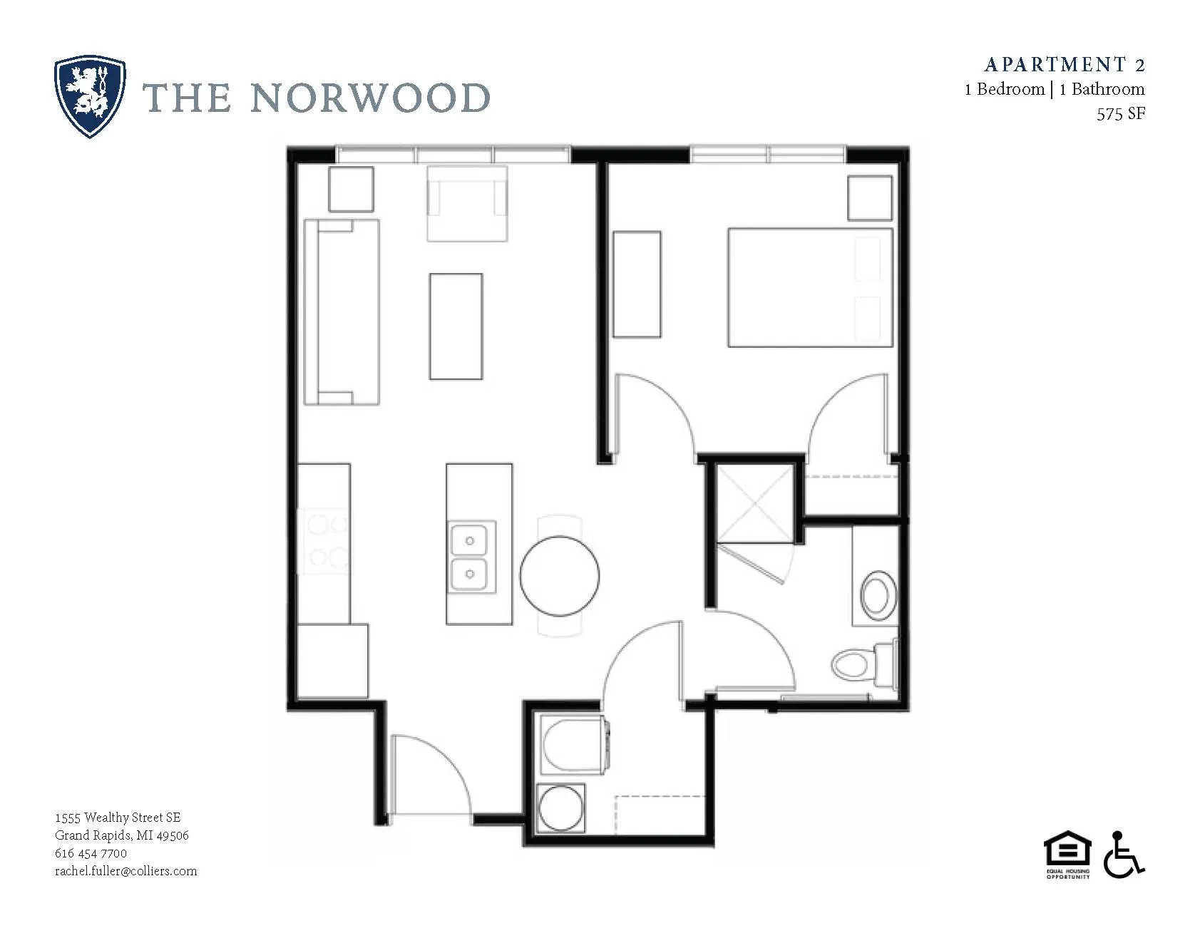 Chic 1-bedroom floor plan with modern kitchen and cozy living area at The Norwood, totaling 575 sq ft.