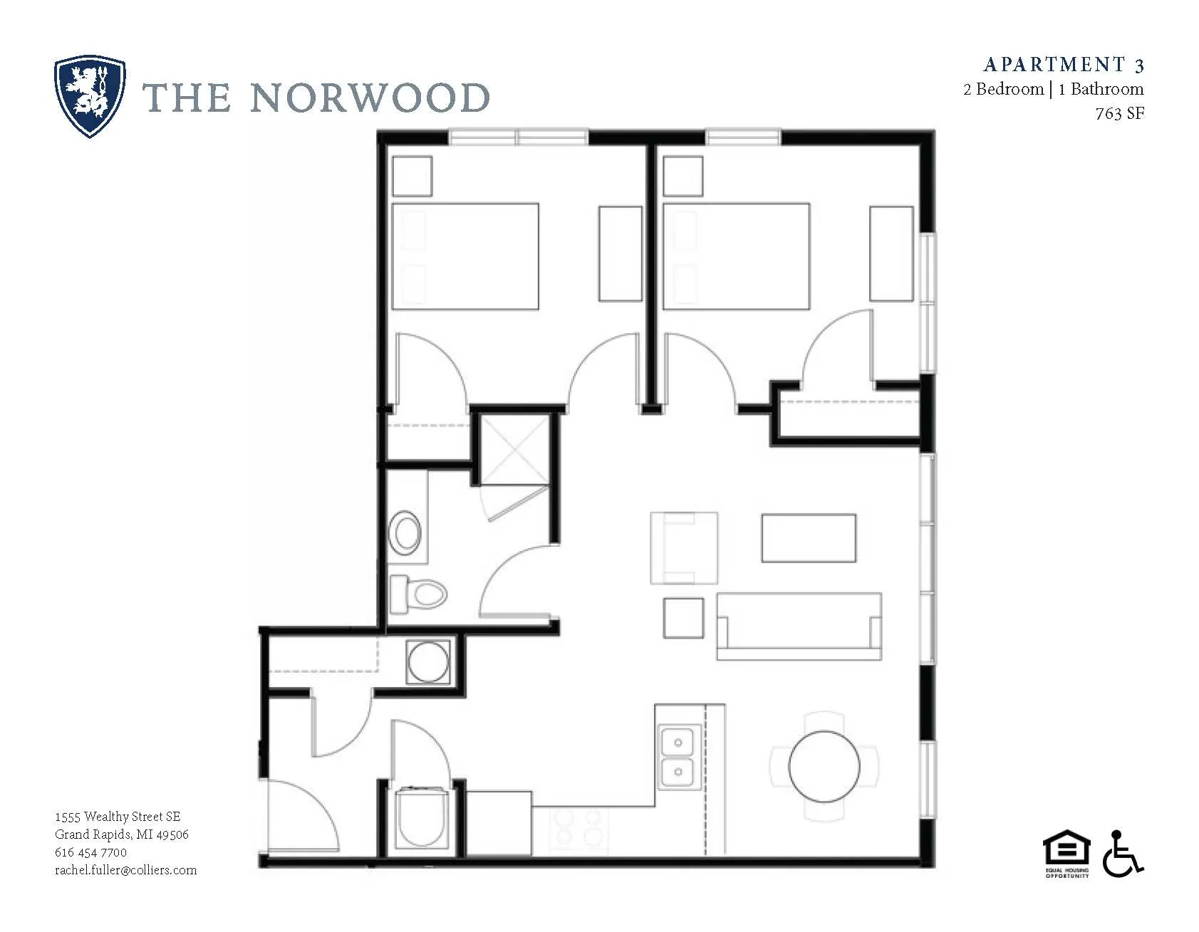 The Norwood Apartment 3 floor plan featuring 2 bedrooms, 1 bathroom, and an open living space in 763 sq ft.