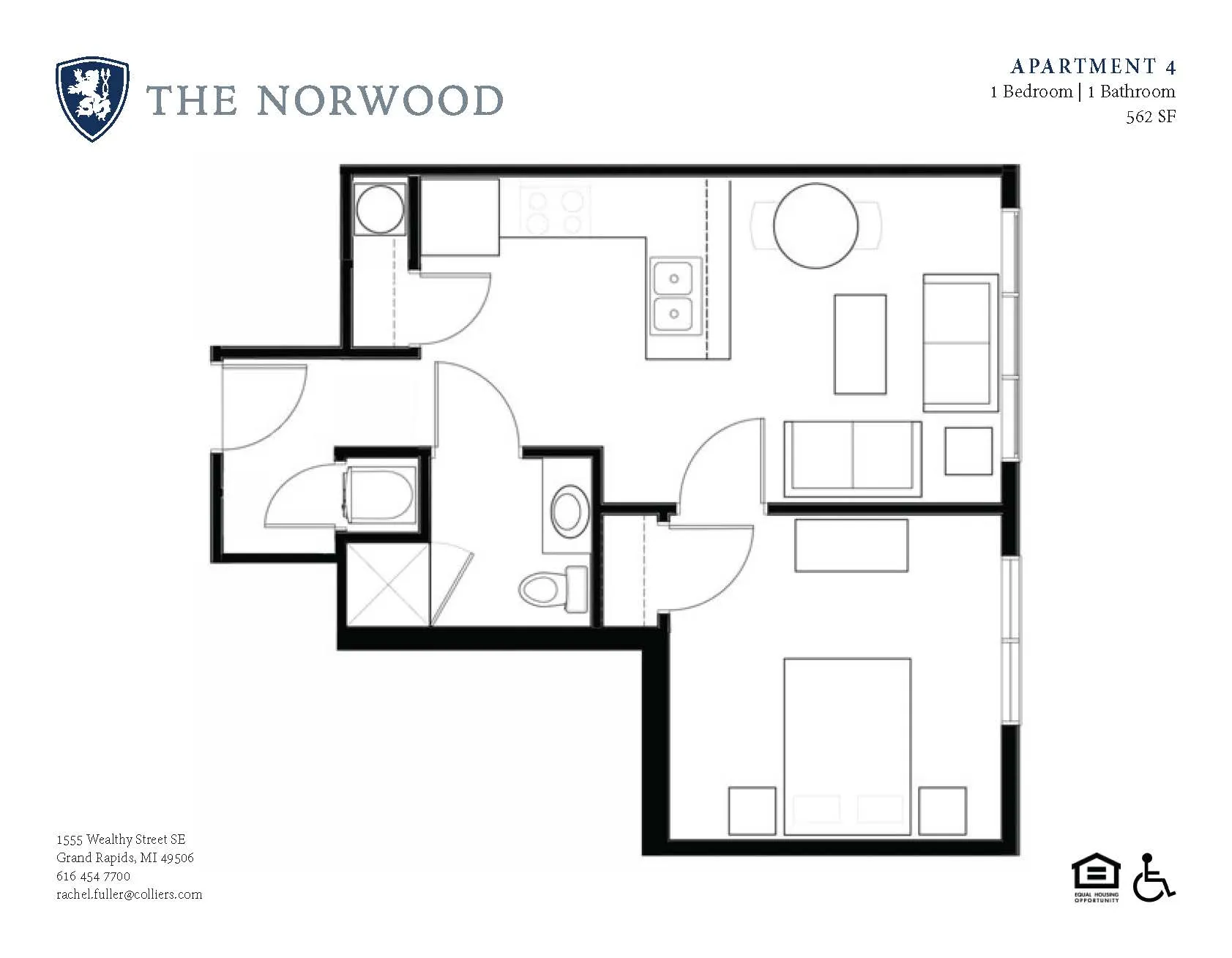 The Norwood Apartment 4 floor plan showcasing a cozy 1 bedroom, 1 bathroom layout with an open kitchen and inviting living area, spanning 562 square feet.