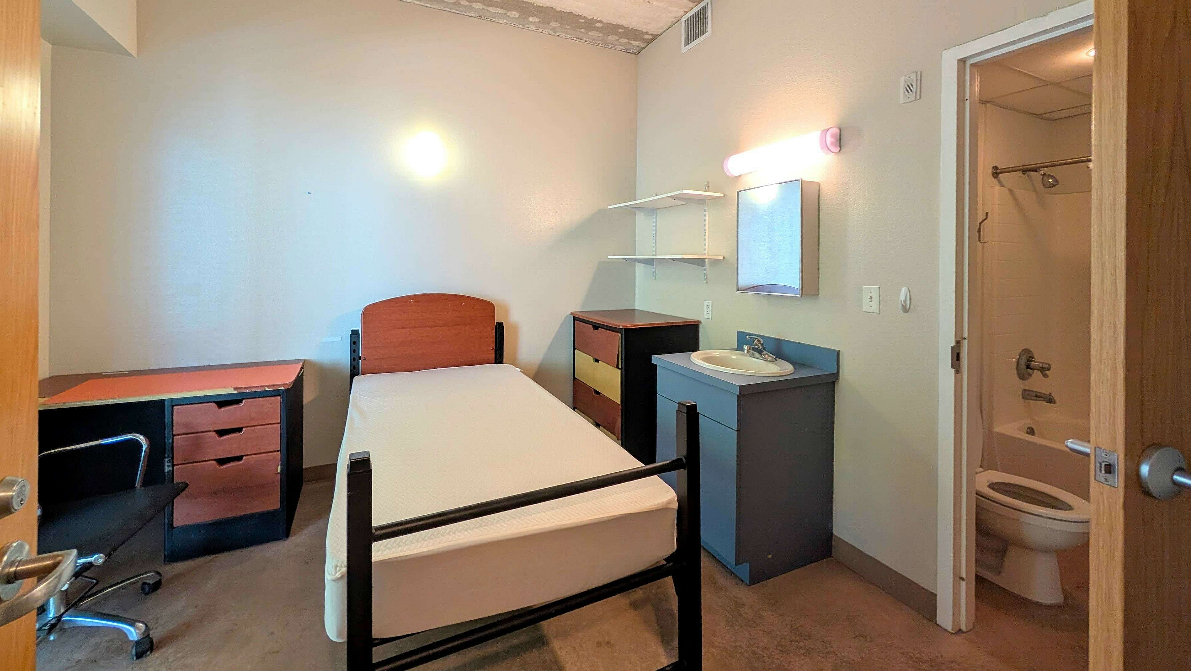 Cozy bedroom with modern furniture, private ensuite bathroom, and ample natural light.