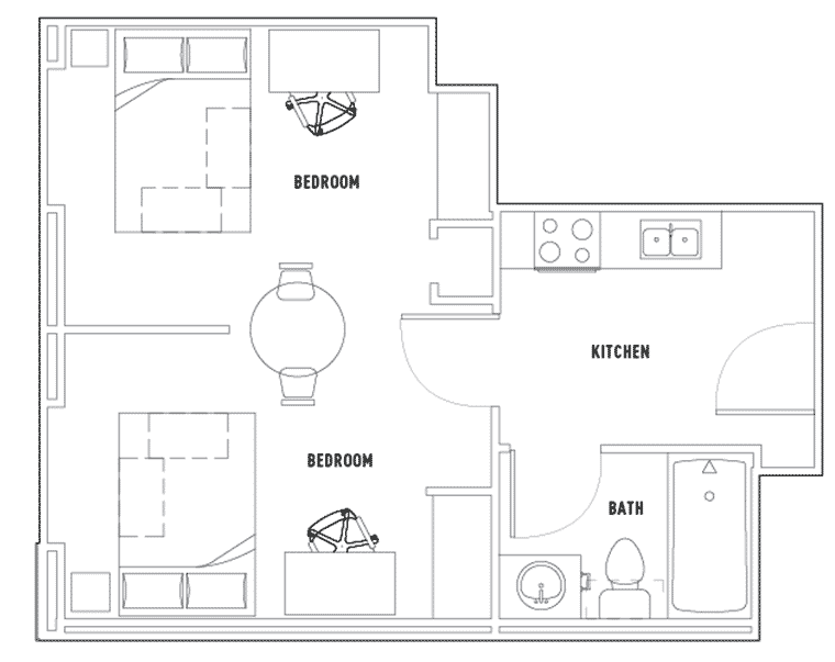 Contemporary 2D floor plan showcasing 2 bedrooms, a cozy kitchen, and a modern bathroom layout.