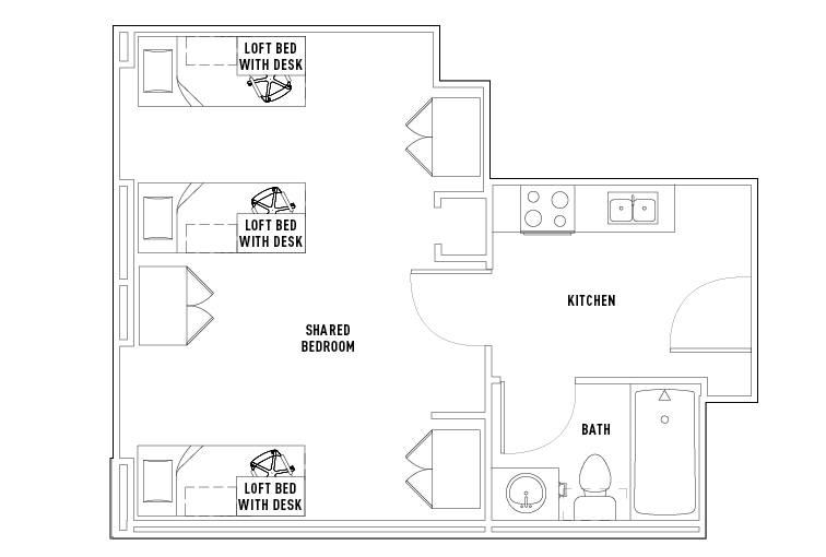 Modern floor plan featuring a shared bedroom with three loft beds and desks, adjacent kitchen, and a well-appointed bathroom.