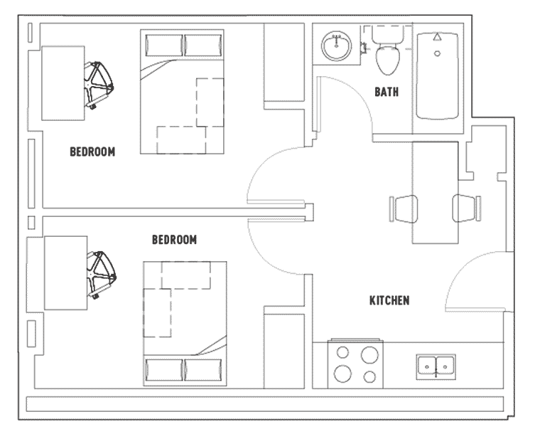 Elegant apartment floor plan with 2 bedrooms, a modern kitchen, and well-appointed bath area.