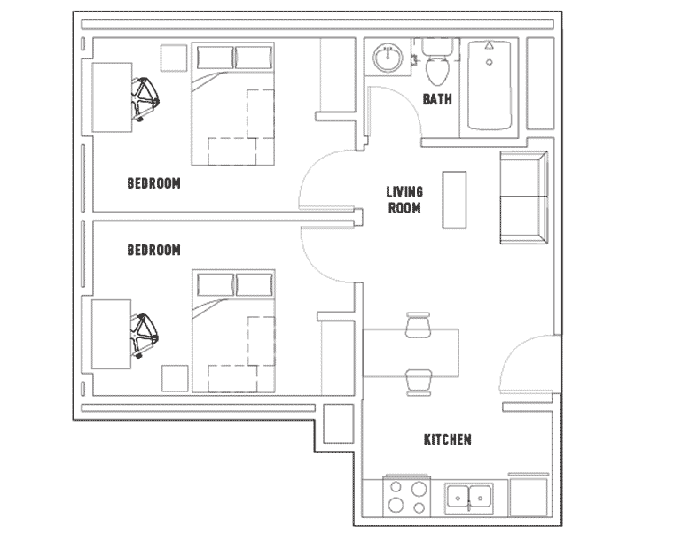 Modern floor plan showcasing 2 cozy bedrooms, an inviting living room, and an efficient kitchen with adjacent dining area.