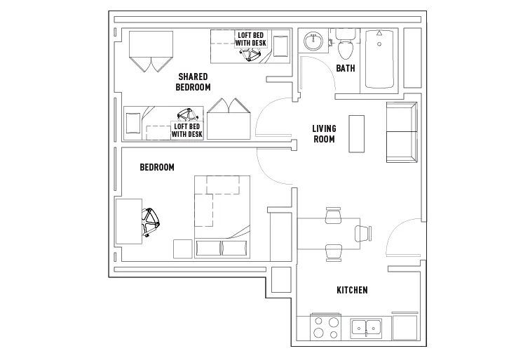 Elegant floor plan with two bedrooms featuring loft beds and desks, a cozy living room, modern kitchen, and sleek bathroom.