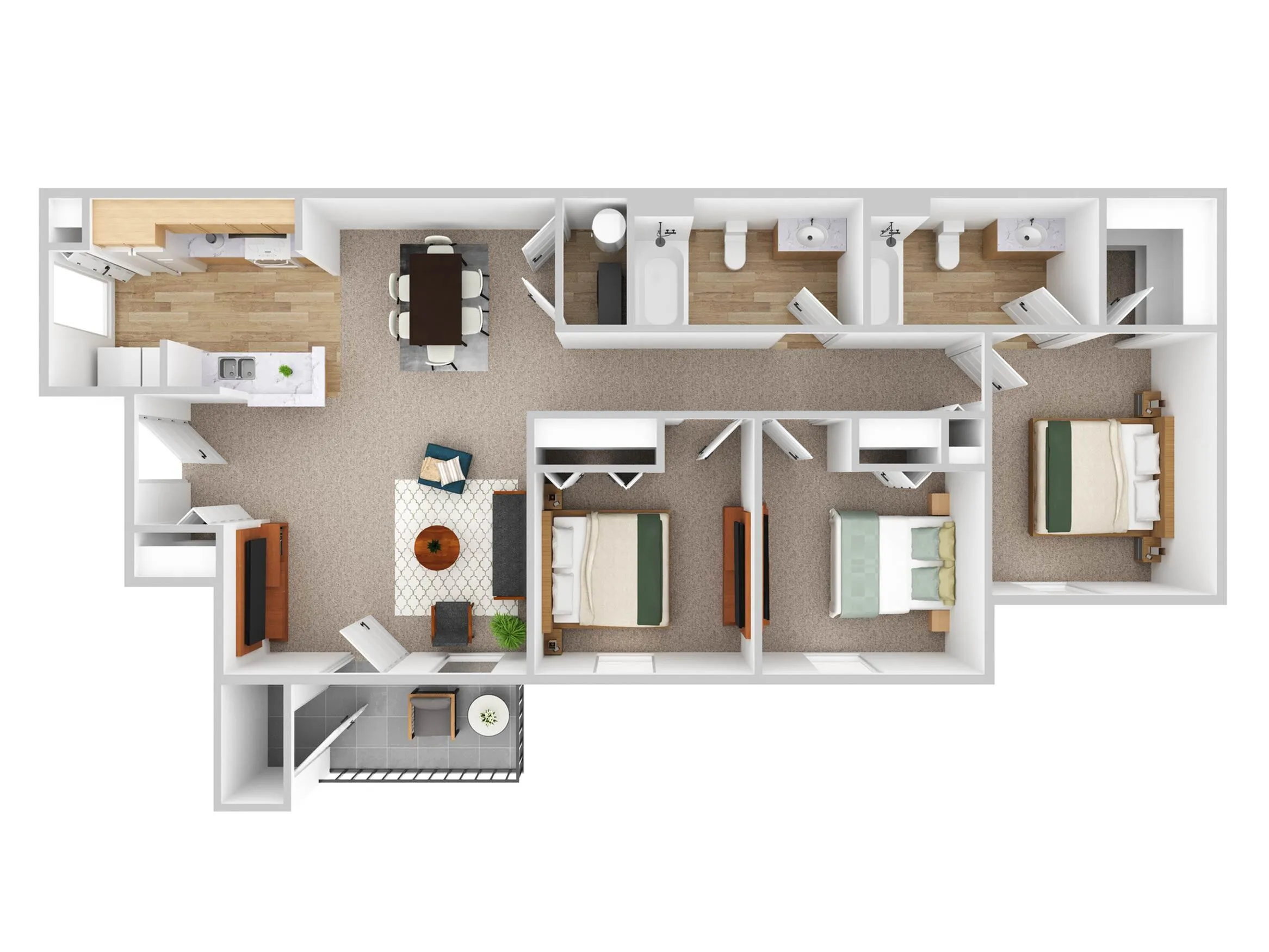 Modern 3D floor plan with 3 bedrooms, open living and dining area, sleek kitchen, and two bathrooms for comfortable living.