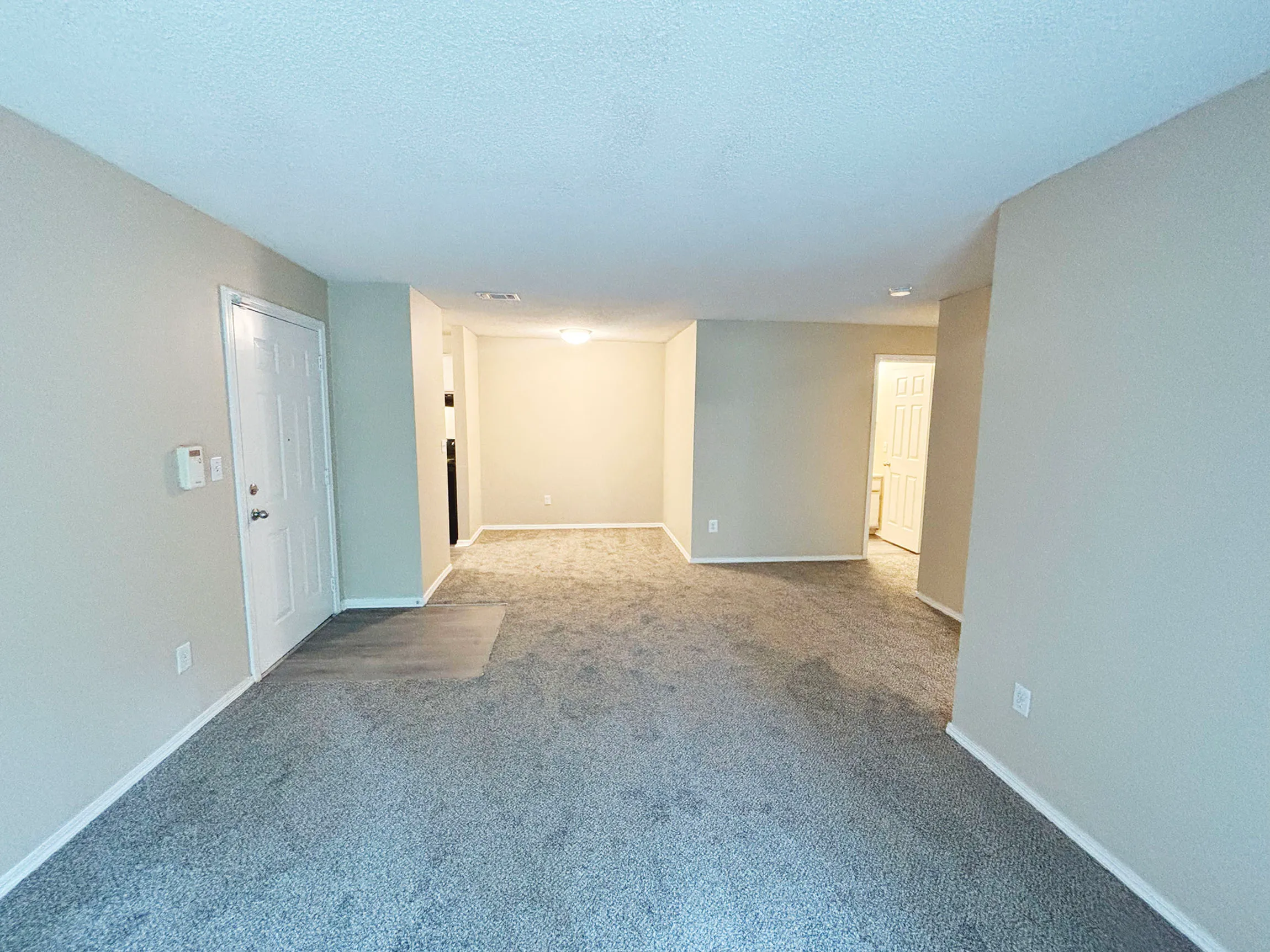 Spacious living area with plush carpeting and neutral walls, perfect for customization and comfort.