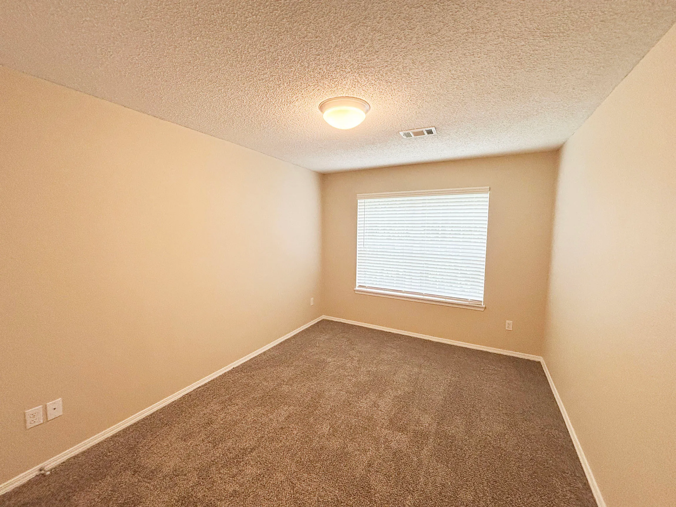 Bright, cozy bedroom with soft carpeting and a large window letting in natural light.