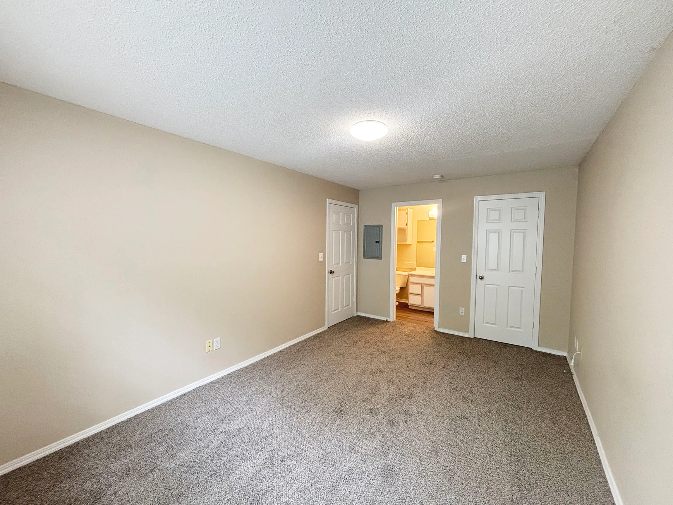 Bright and spacious bedroom with plush carpeting, featuring modern lighting and a view into a clean, inviting bathroom.