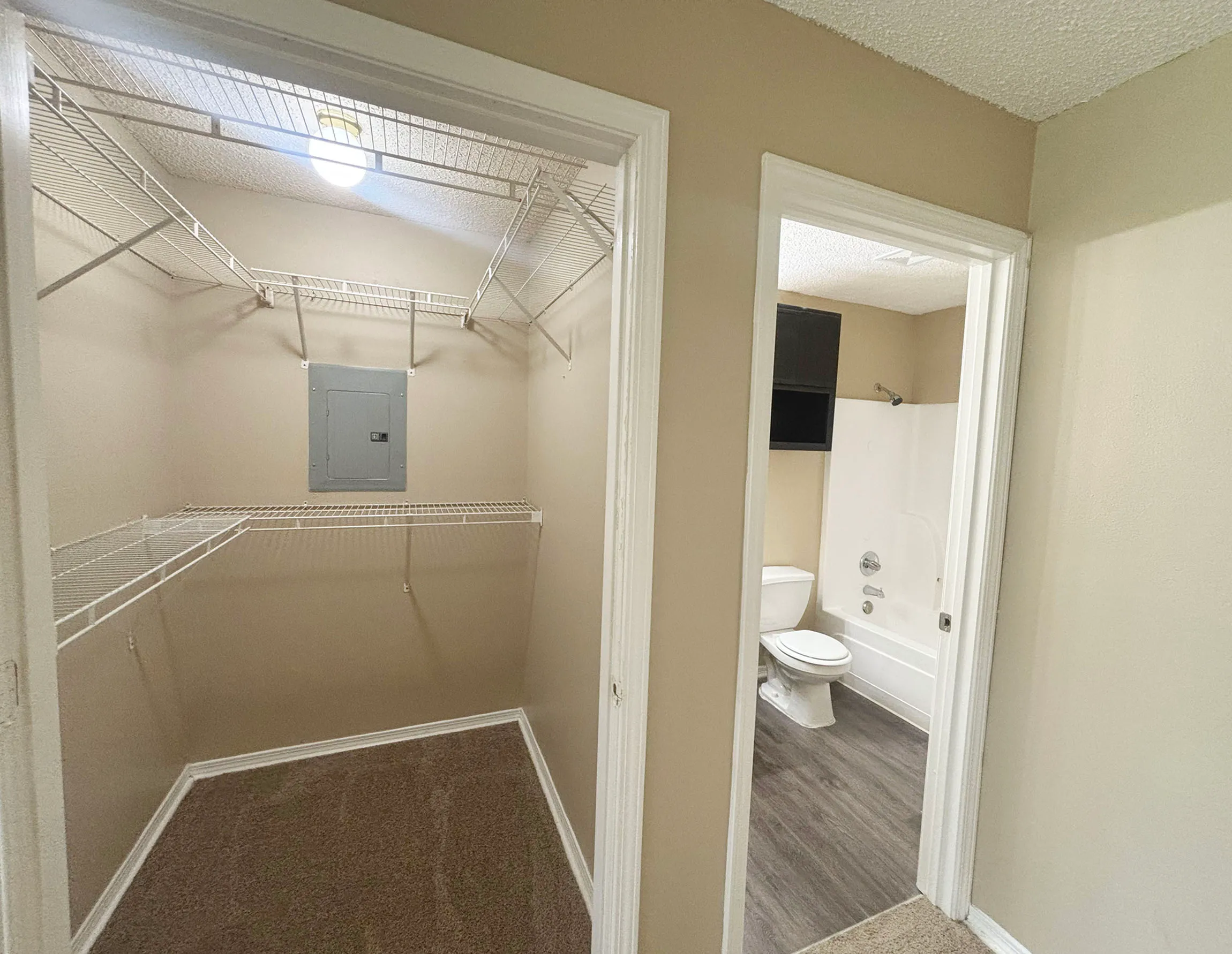 Spacious walk-in closet with ample shelving and cozy carpet, adjacent to a modern bathroom featuring sleek fixtures and a bathtub.