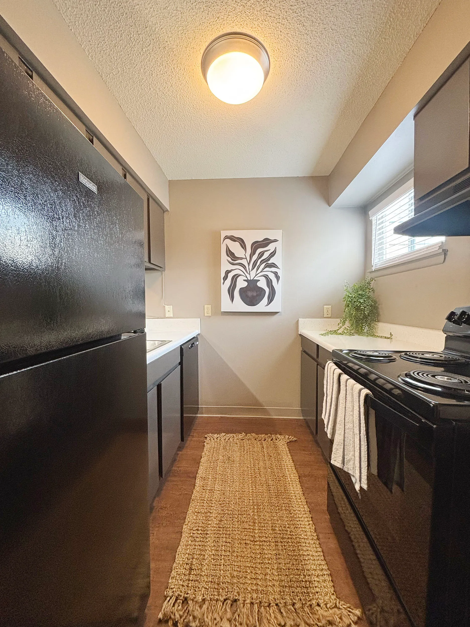 Chic galley kitchen with modern black appliances, elegant countertops, and stylish decor.