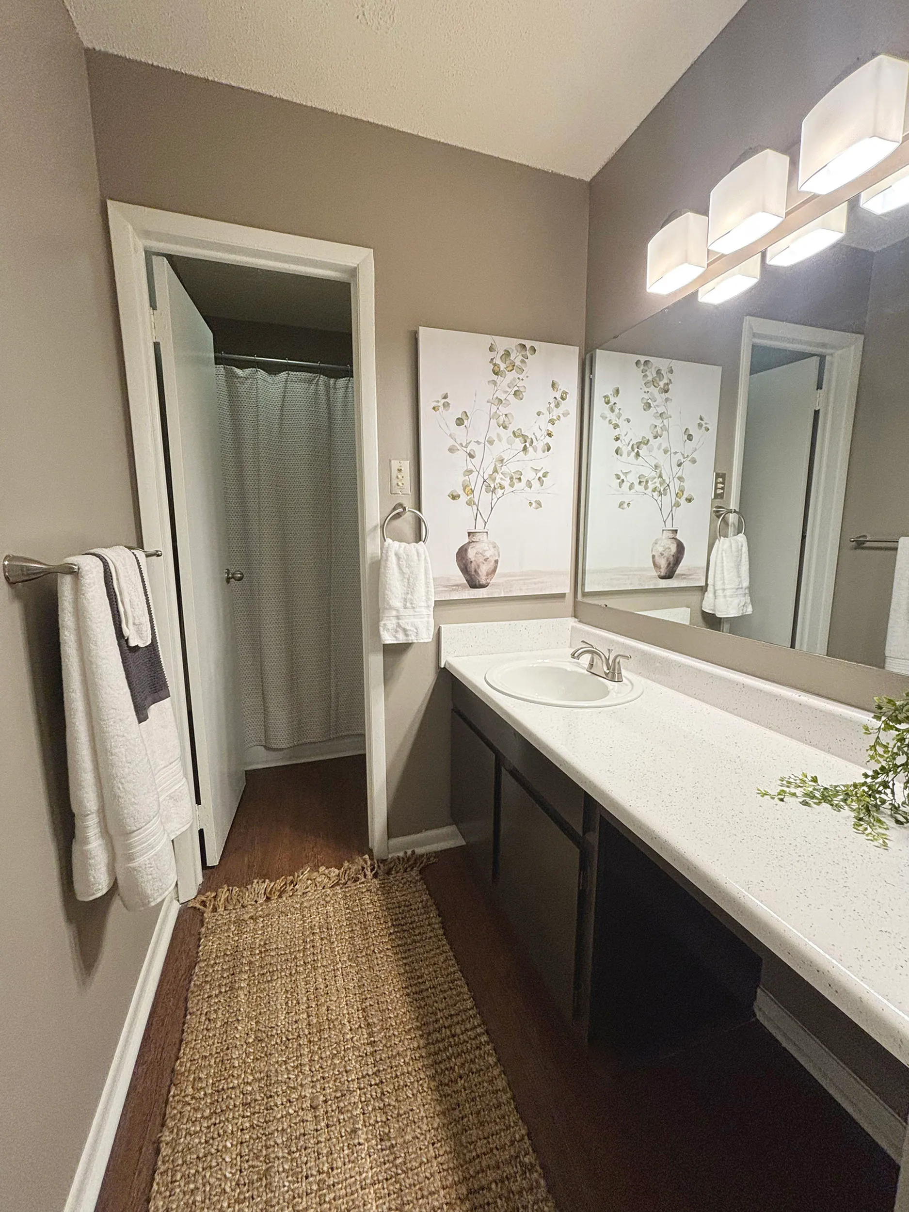 Elegant bathroom with a sleek sink, modern vanity lighting, and minimalist decor featuring botanical art and a textured rug for a cozy touch.