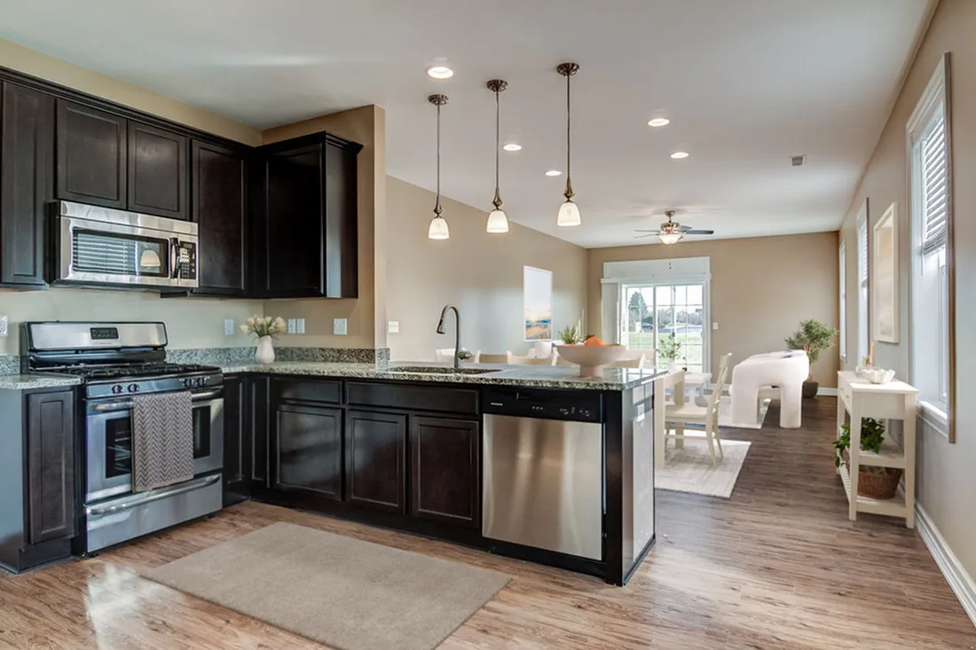Modern open-concept kitchen and living area with sleek dark cabinetry, stainless steel appliances, and elegant pendant lighting.