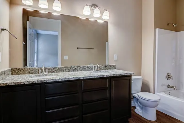 Elegant bathroom featuring a double sink vanity with granite countertop, well-lit mirror, and a modern shower-tub combination.