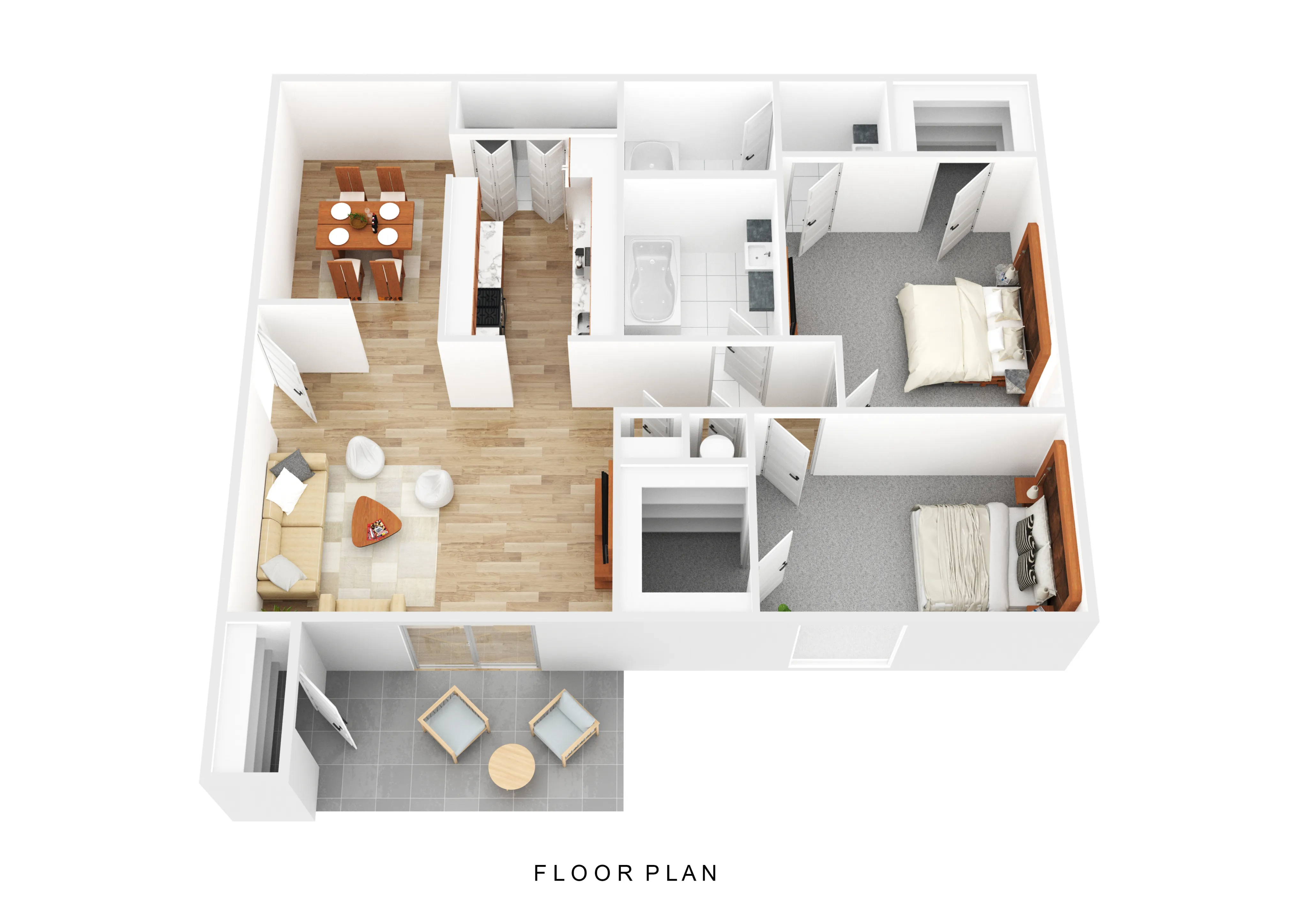 Modern floor plan showcasing two bedrooms, a cozy living area, and a functional kitchen with dining space, ideal for comfortable living.