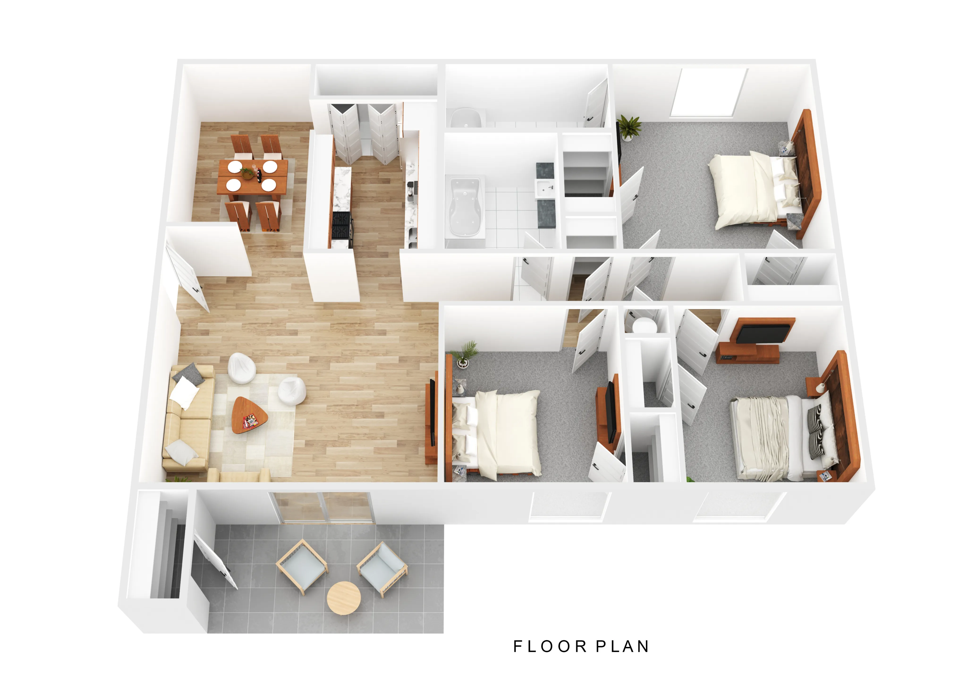 Contemporary 3D floor plan showcasing two cozy bedrooms, a modern kitchen, sleek living room, and a chic dining area with seamless access to a stylish outdoor patio.