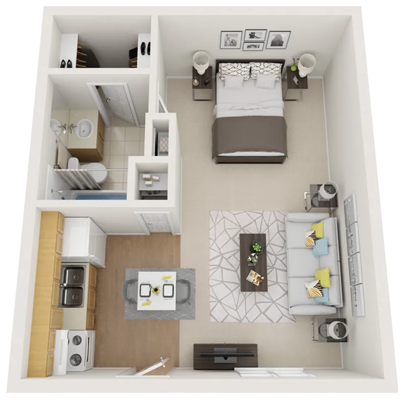 Modern open-concept studio apartment layout featuring a cozy bedroom alcove, efficient kitchen, and inviting living area.