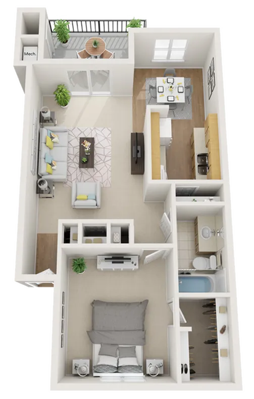 Chic 3D floor plan showcasing a spacious 1-bedroom apartment with open-plan living and dining areas, modern kitchen, and cozy balcony.