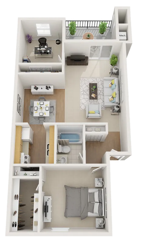 Modern 3D apartment floor plan showcasing 1 bedroom, home office, spacious living area with balcony, and open kitchen.