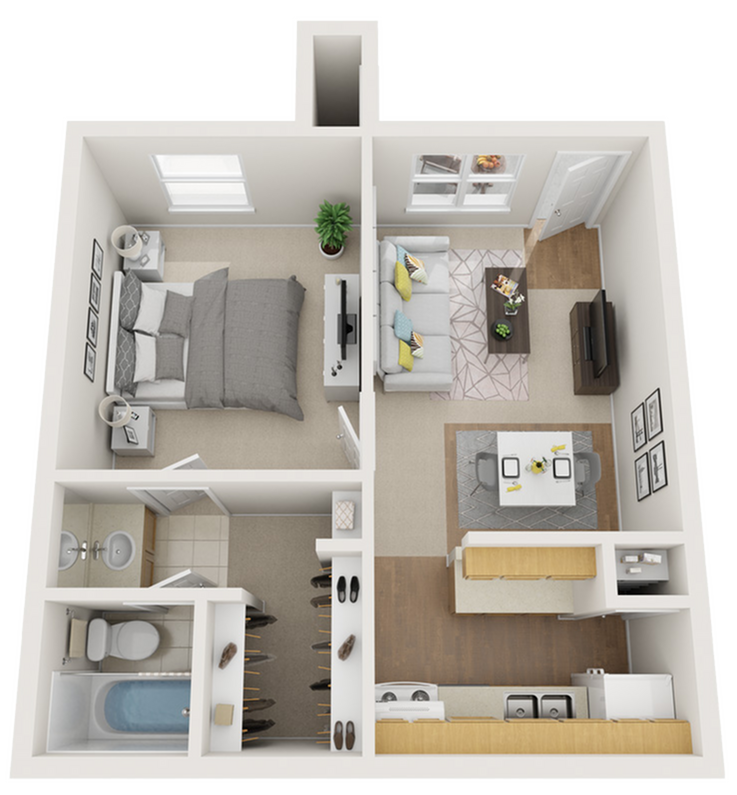Modern 1-bedroom apartment floor plan showcasing open-concept living and dining area with stylish kitchen and cozy bedroom.