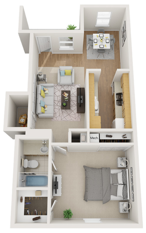 Charming 1-bedroom apartment floor plan with a cozy living room, a modern kitchen, an elegant dining area, and a stylish bathroom.