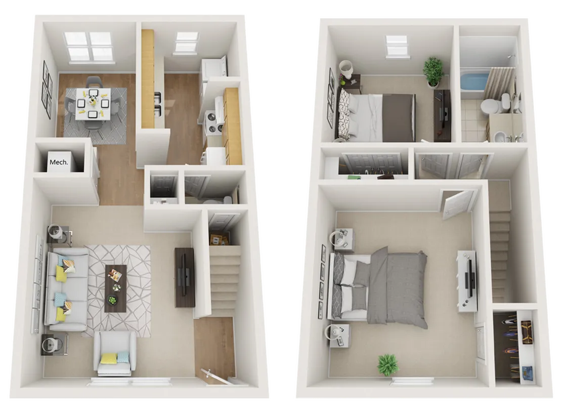 Charming two-story floor plan showcasing an inviting living room, cozy dining area, modern kitchen, two spacious bedrooms, and a sleek bathroom.