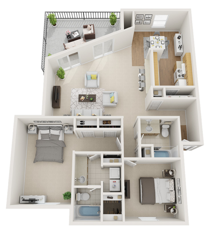 Modern 3D floor plan featuring 2 bedrooms, an open-concept living room, and a sleek kitchen with dining area, plus a cozy balcony.