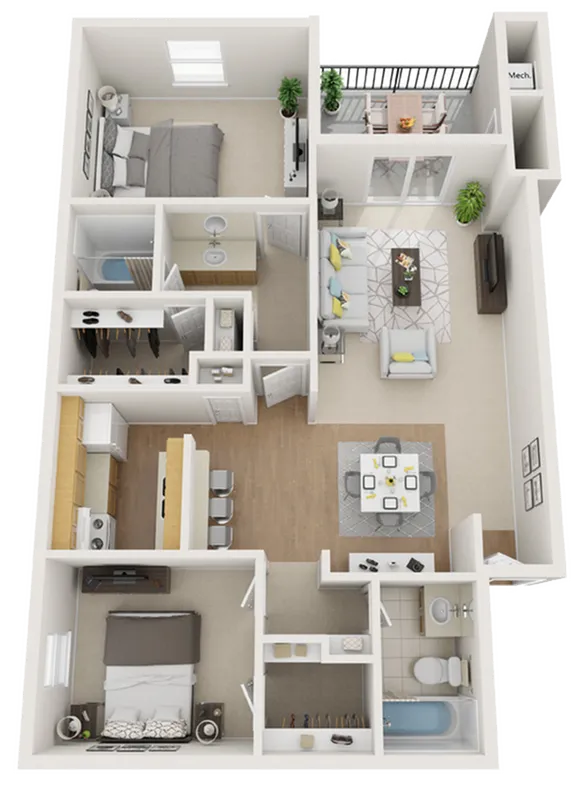Modern 2-bedroom apartment floor plan showcasing an open-concept living area, sleek kitchen with breakfast bar, and a cozy balcony.