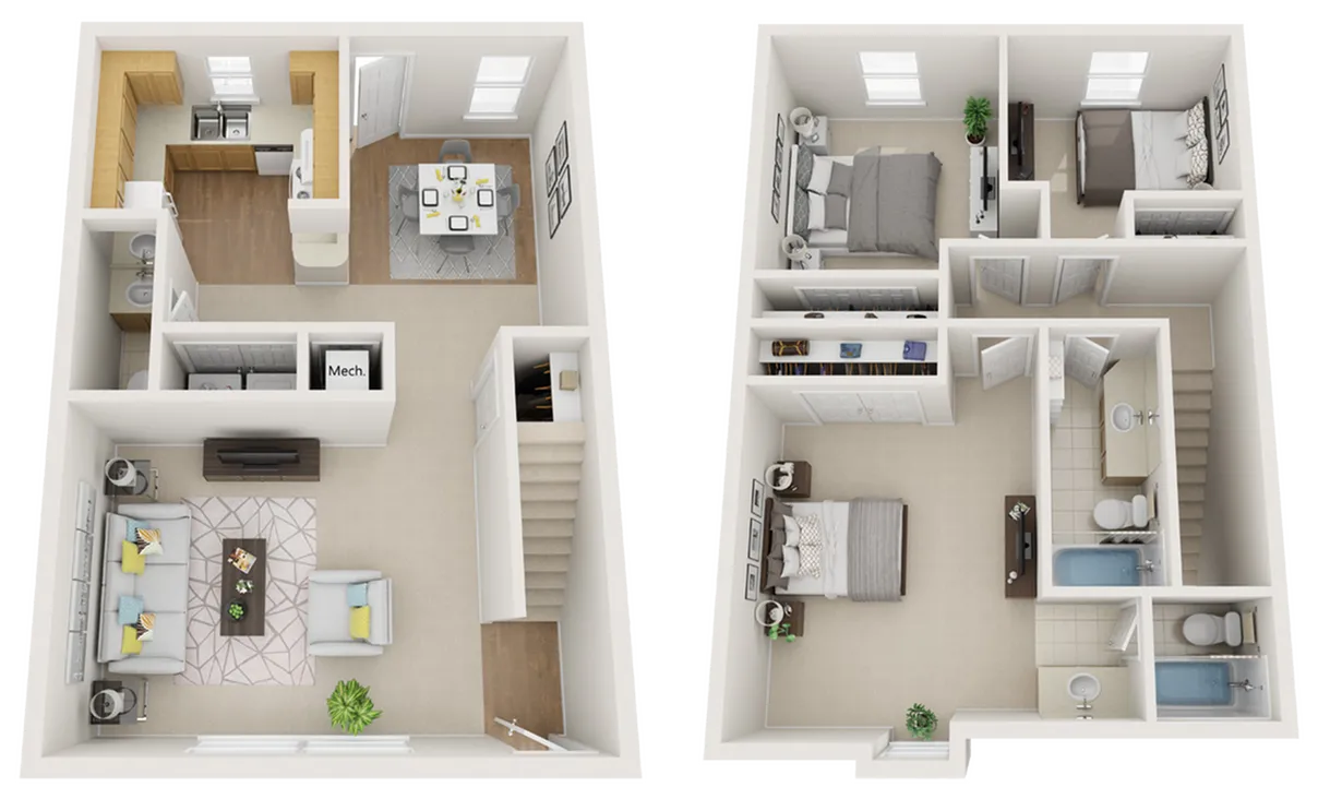 Charming 3D floor plan showcasing a two-story apartment with an open living area, modern kitchen, two cozy bedrooms, and two bathrooms.