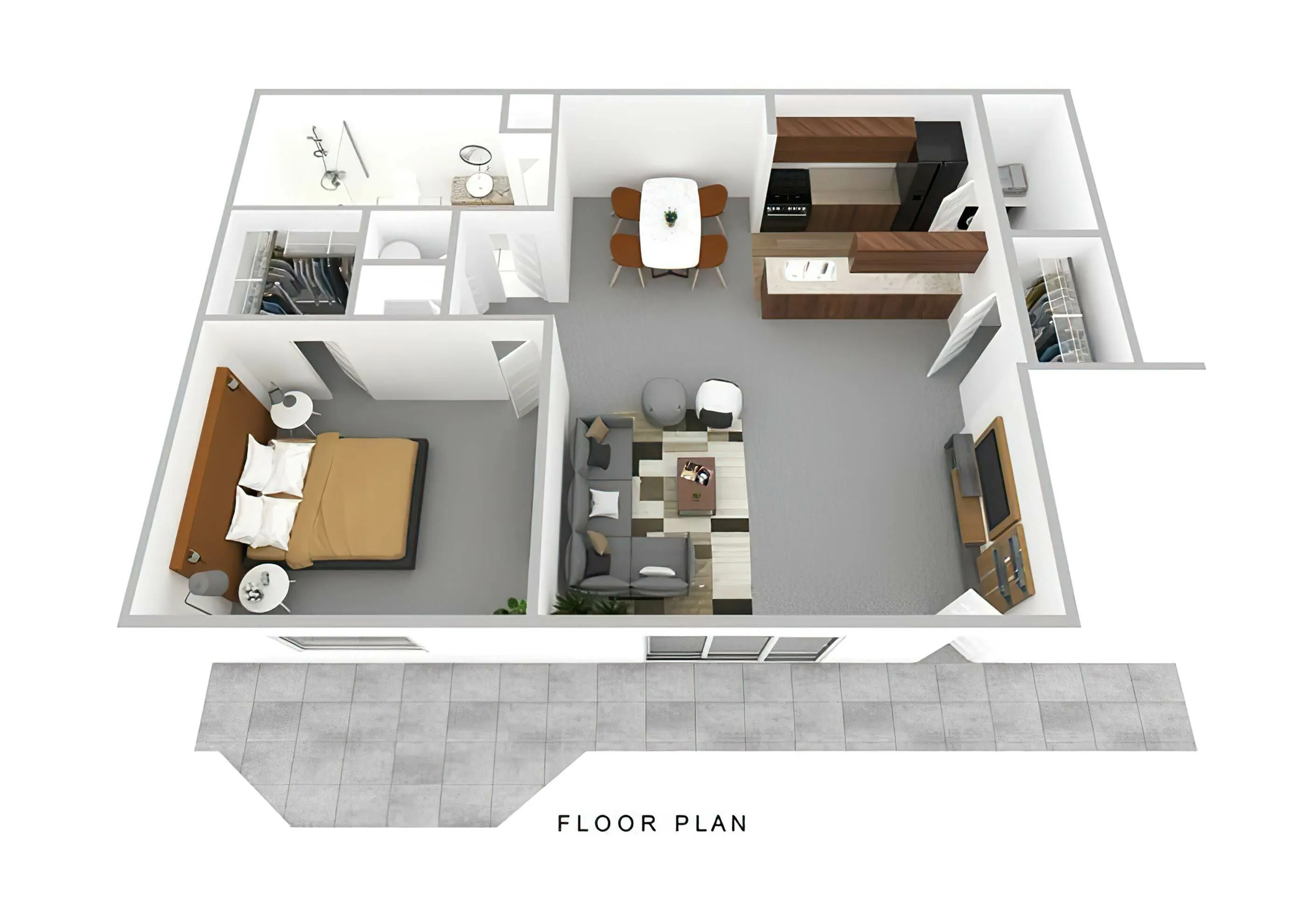 Elegant 3D floor plan showcasing a modern one-bedroom apartment with an open living area, stylish kitchen, and spacious bathroom, featuring a cozy balcony.