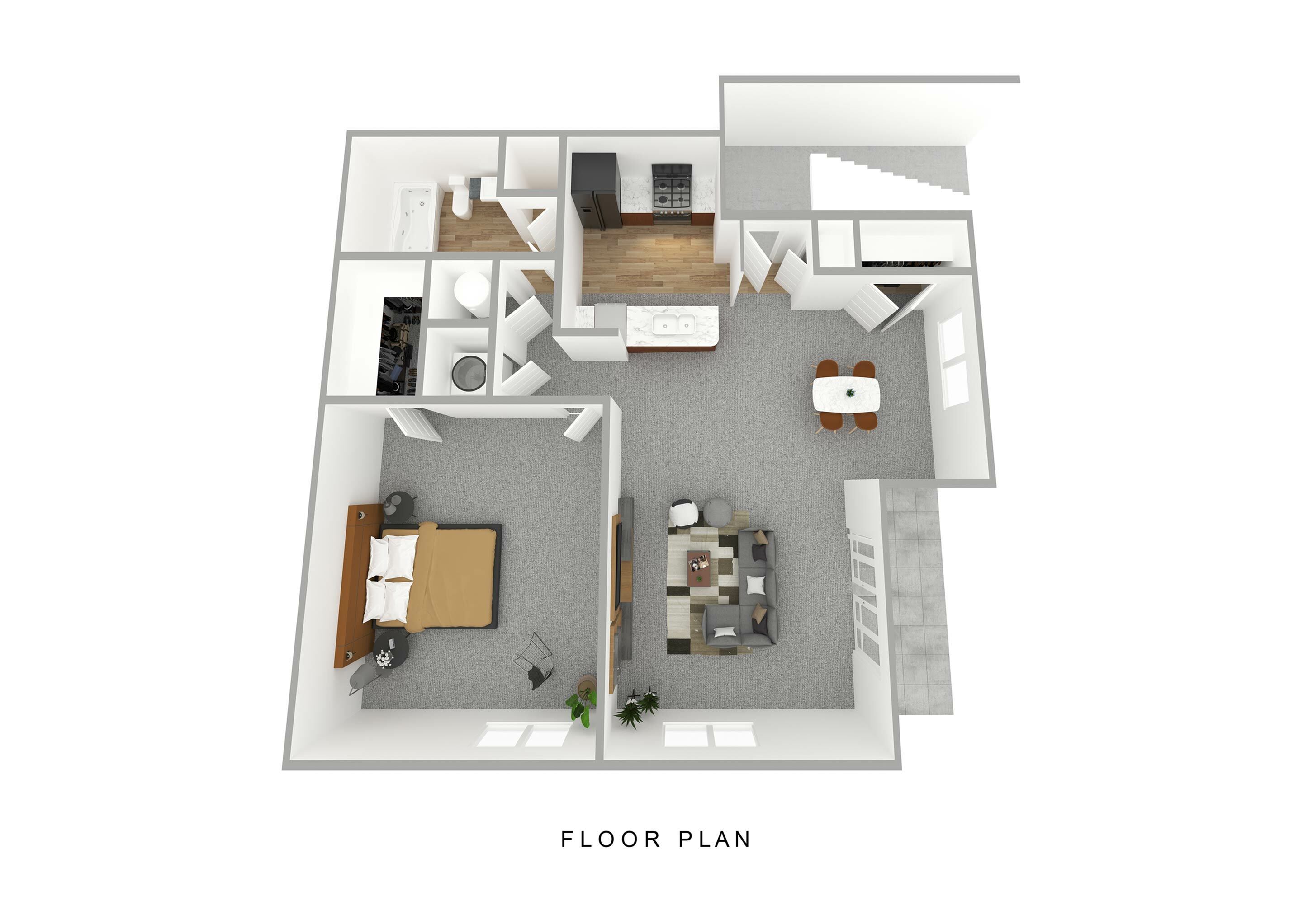 Modern floor plan featuring one spacious bedroom, cozy living area, contemporary kitchen, and elegant dining space.