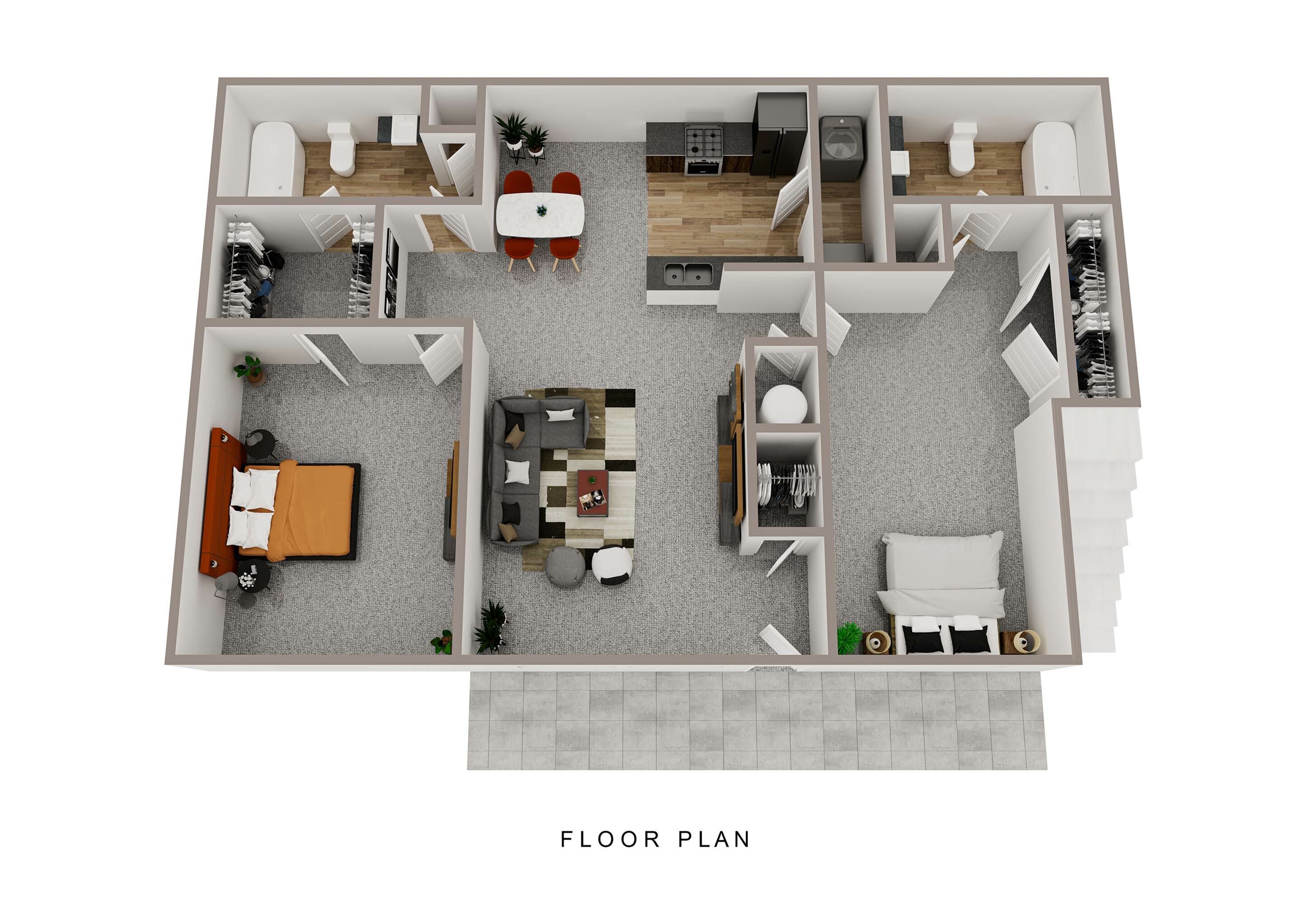 Modern 3D floor plan showcasing a two-bedroom apartment with an open living area, a stylish kitchen, and two bathrooms, designed for comfort and style.