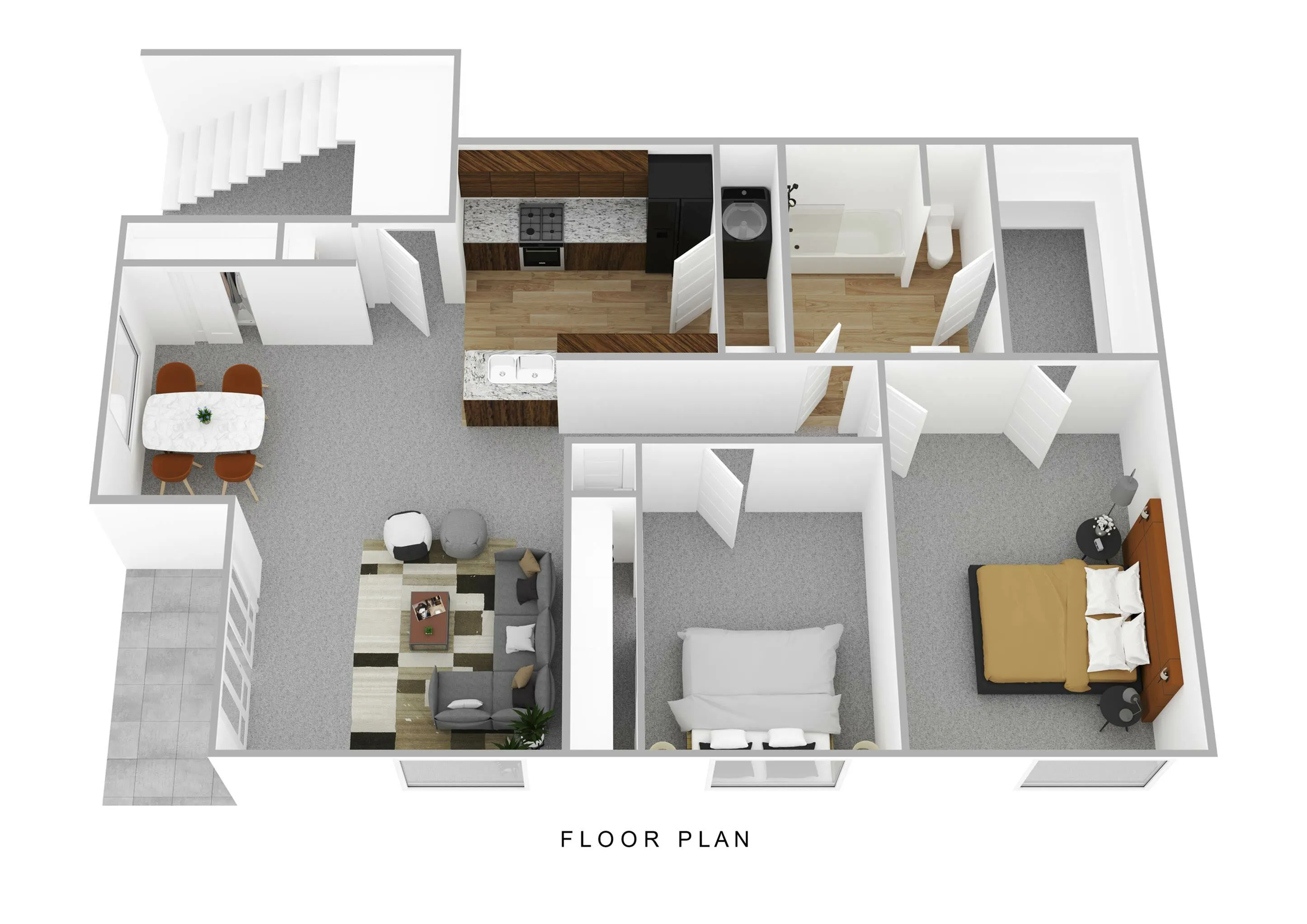 Modern 3D floor plan showcasing a chic layout with two bedrooms, a stylish kitchen, cozy living area, and a separate dining space.