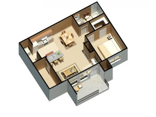 Modern 3D floor plan featuring a spacious open-concept kitchen and dining area, cozy living room, large bedroom, and elegant bathroom, with a charming balcony view.