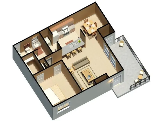 Modern 3D floor plan showcasing a cozy apartment with 2 bedrooms, a spacious living area, open kitchen, and a lovely outdoor patio.